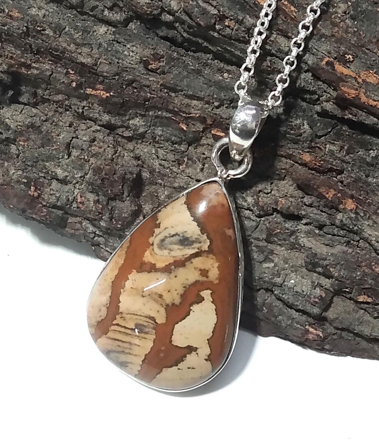 Natural Picture Jasper Gemstone Pendant, 925 Starling Silver Pendant Necklace Chain, Handmade Jewelry Stone Size 30x21mm Gift Pendant